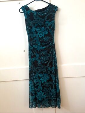 Black Teal Blue Floral Paisley Sleeveless Mesh Midi Dress Ruched Waist No Tag M